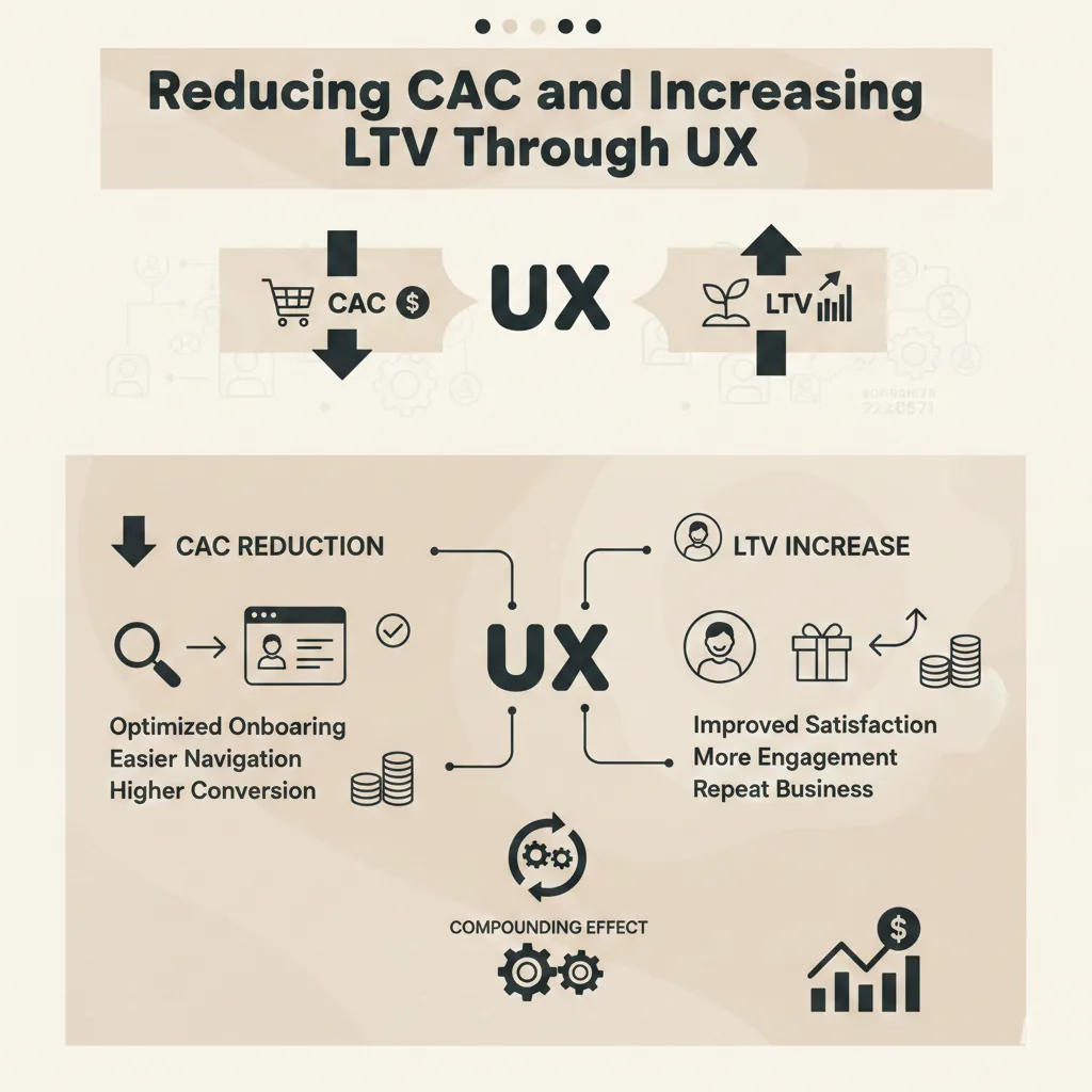 UX impact on unit economics - 30% reduction in Customer Acquisition Cost, 40% increase in Lifetime Value, and 30-50% higher valuation multiples for companies with strong LTV:CAC ratios