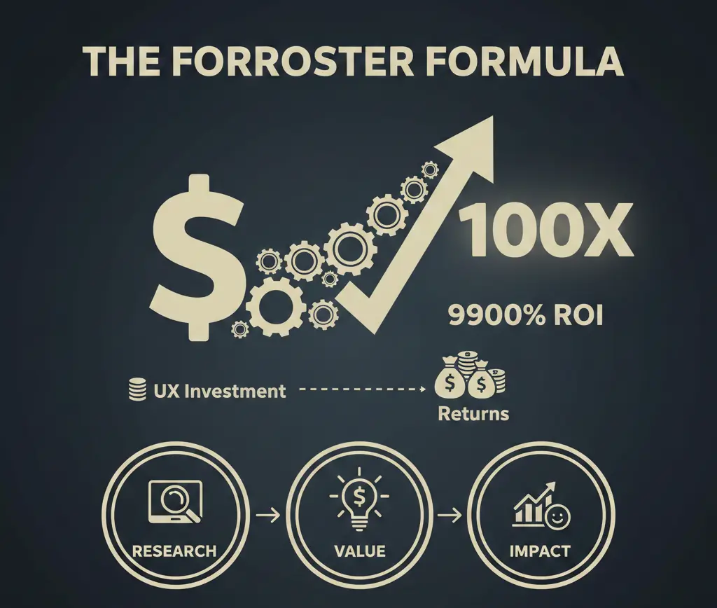 Chart showing UX ROI statistics - every $1 invested in UX returns $100, 400% higher conversion rates, and 2.6x revenue growth for design-led companies