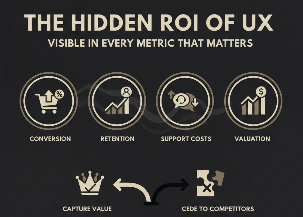 Summary infographic showing UX as strategic asset for business valuation - improved conversion rates, reduced churn, lower support costs, and premium acquisition multiples
